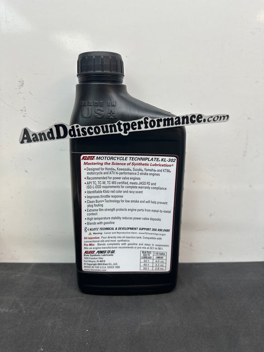 INSTOCK Klotz KL-302 Motorcycle TechniPlate Synthetic 2-Stroke Pre-Mix / Injector Oil, 1 Quart
