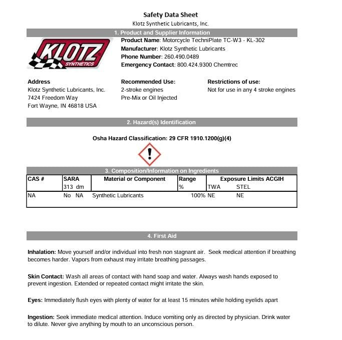INSTOCK Klotz KL-302 Motorcycle TechniPlate Synthetic 2-Stroke Pre-Mix / Injector Oil, 1 Quart