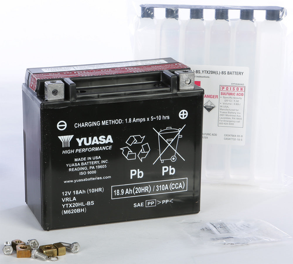 Yuasa YTX20HL-BS High Performance AGM Battery with Bottle of acid