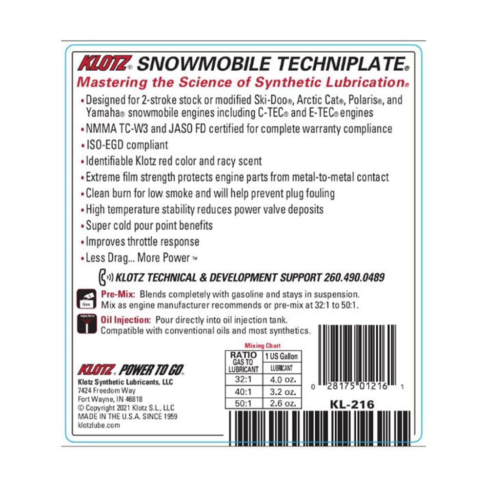 Klotz Snowmobile TechniPlate Synthetic Premix/Injector Oil for 2-Stroke Engines – 1 Gallon KL-216