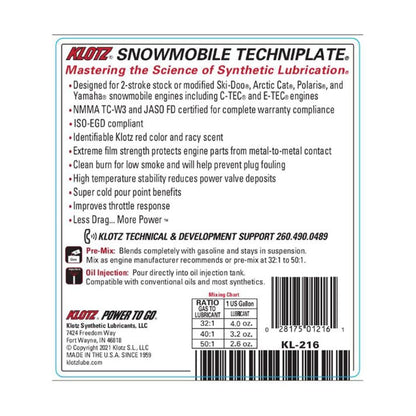 Klotz Snowmobile TechniPlate Synthetic Premix/Injector Oil for 2-Stroke Engines – 1 Gallon KL-216