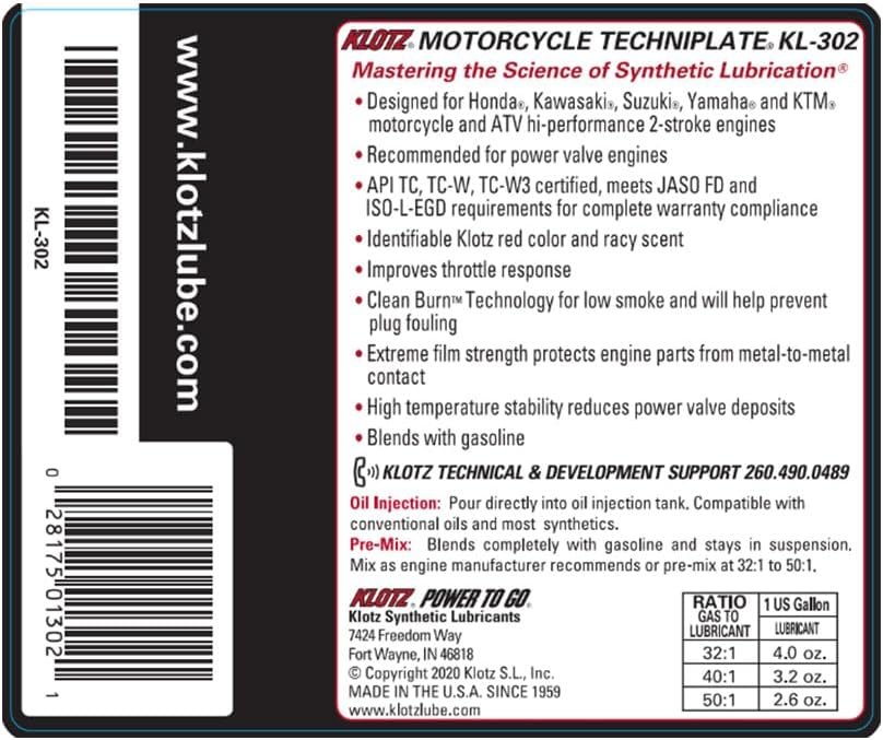 INSTOCK Klotz KL-302 4 PACK Motorcycle TechniPlate Synthetic 2-Stroke Pre-Mix / Injector Oil, 1 Quart