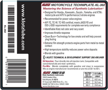 INSTOCK Klotz KL-302 4 PACK Motorcycle TechniPlate Synthetic 2-Stroke Pre-Mix / Injector Oil, 1 Quart